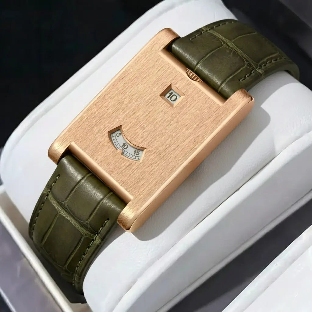 Watch with green strap and rose gold case on a white background