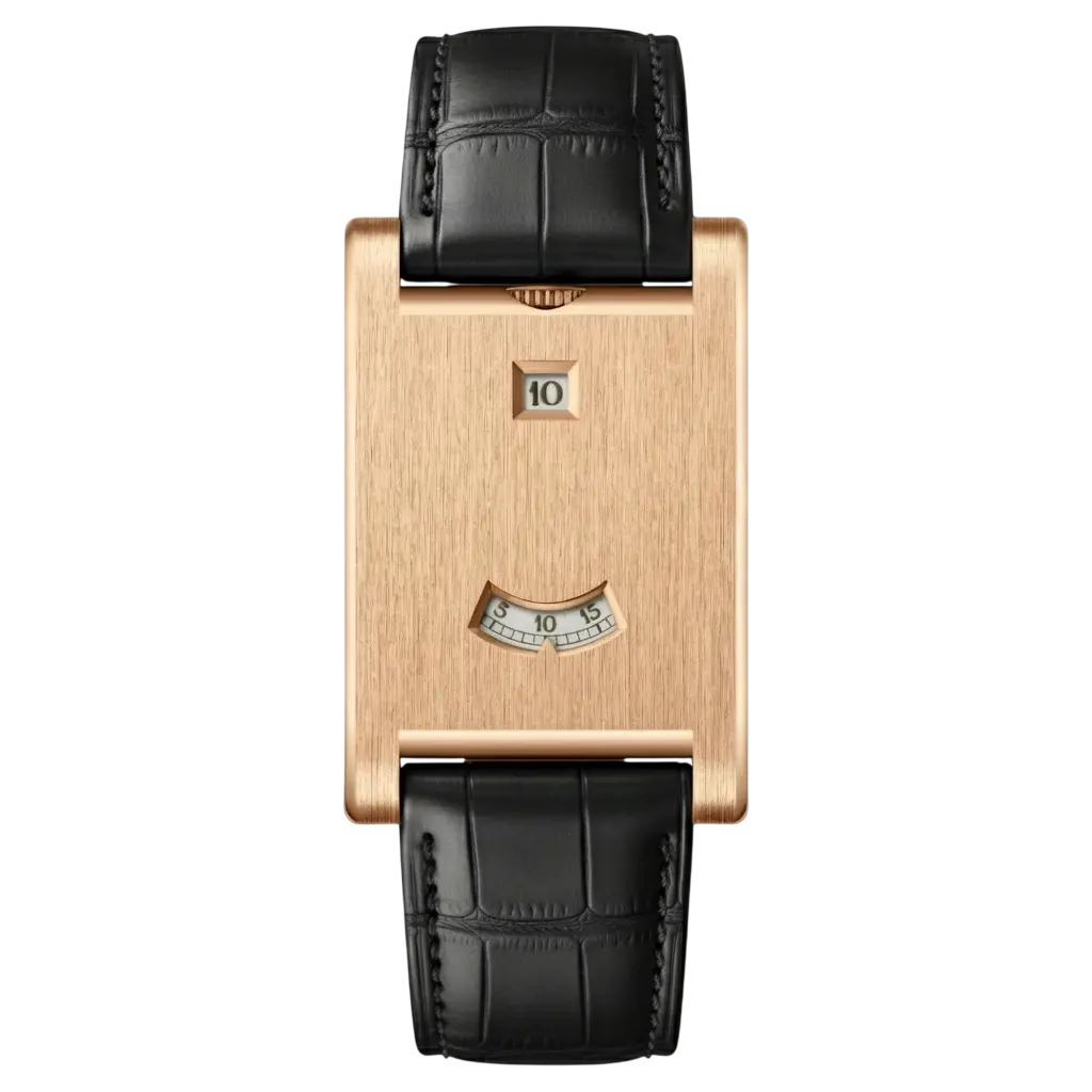 Rectangular watch with black leather strap on a white background