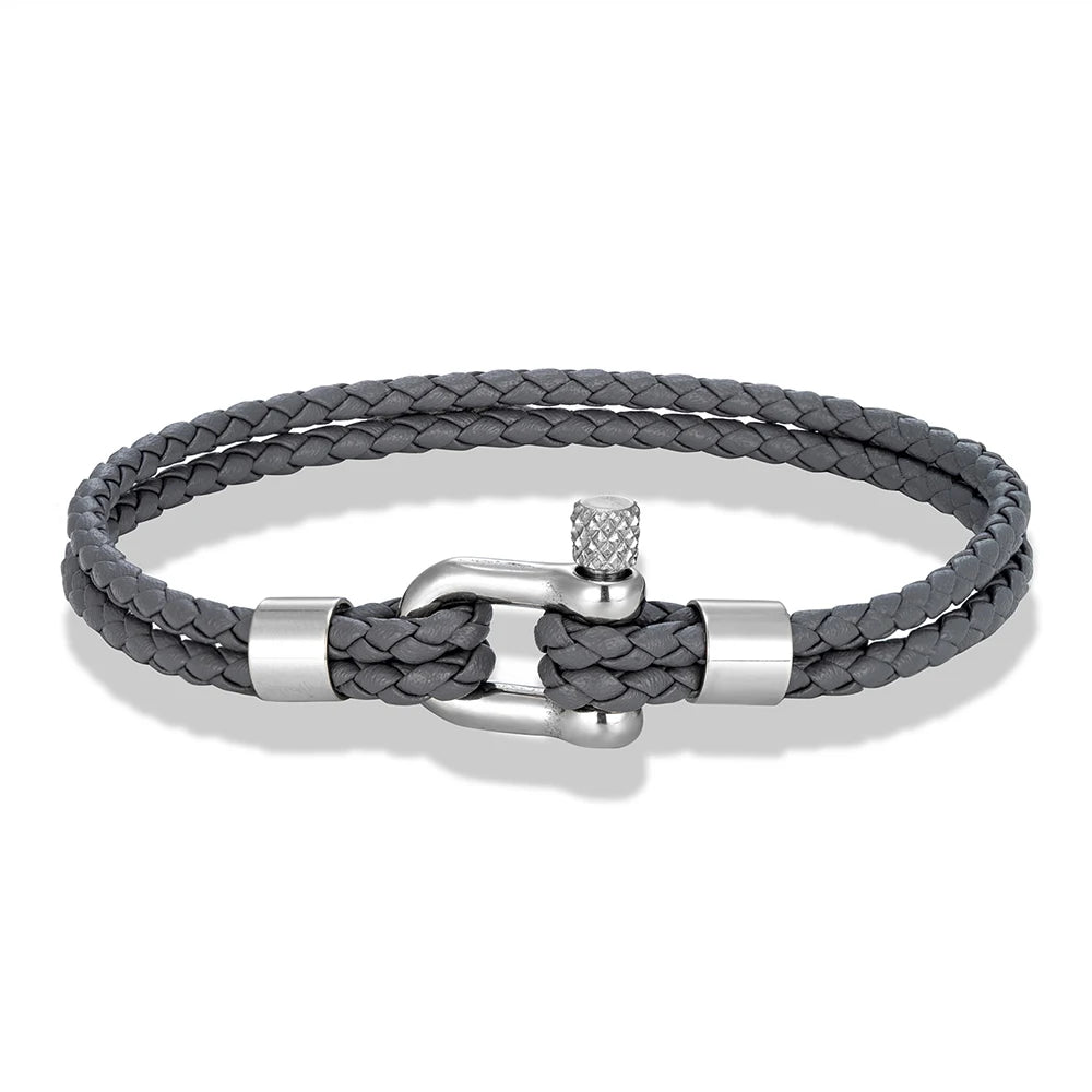 MKENDN Black Stainless Steel Shackle Bracelet Simple Double Layer Blue Leather Bracelets for Men Women Handmade Nautical Jewelry GIORGIO MARENO