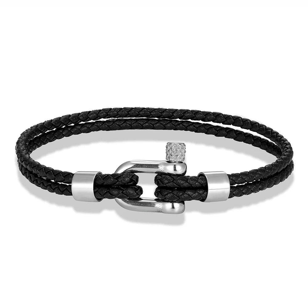 MKENDN Black Stainless Steel Shackle Bracelet Simple Double Layer Blue Leather Bracelets for Men Women Handmade Nautical Jewelry GIORGIO MARENO