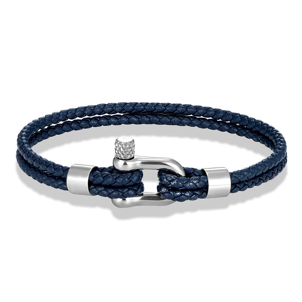 MKENDN Black Stainless Steel Shackle Bracelet Simple Double Layer Blue Leather Bracelets for Men Women Handmade Nautical Jewelry GIORGIO MARENO