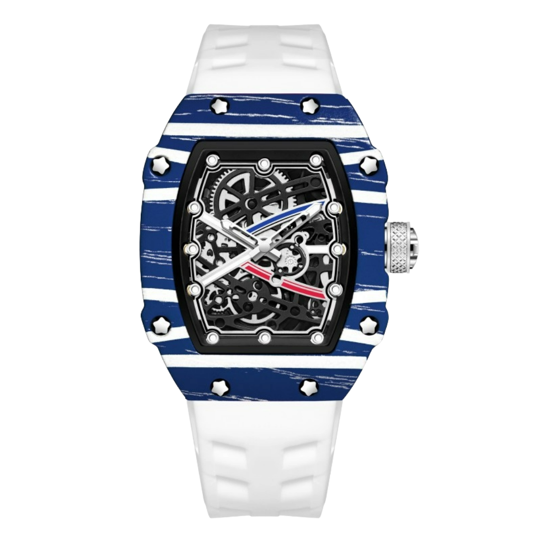 Skeleton sport watch by GIORGIO MARENO with black silicone strap, featuring a visible mechanical movement and modern design.