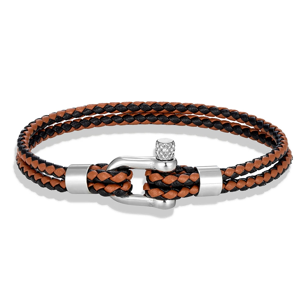 MKENDN Black Stainless Steel Shackle Bracelet Simple Double Layer Blue Leather Bracelets for Men Women Handmade Nautical Jewelry GIORGIO MARENO