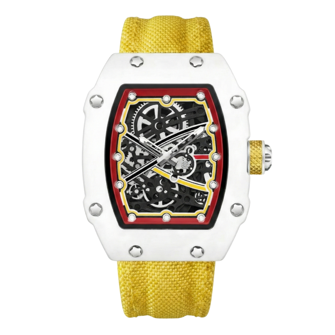 Skeleton Tonneau Sport watch by GIORGIO MARENO featuring a detailed skeleton dial and sporty tonneau case design.