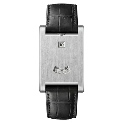 Watch with black leather strap and silver case on a white background