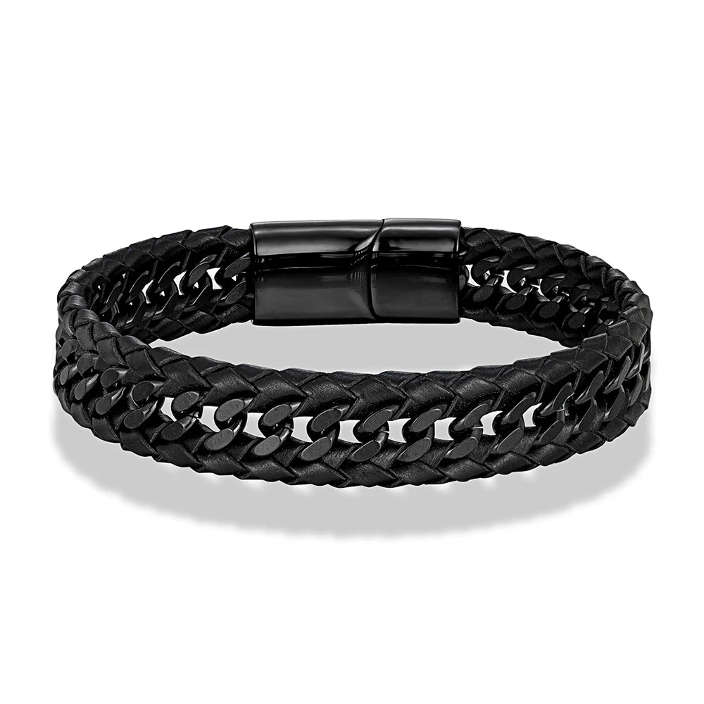 MKENDN Punk Men Braided Woven Black Leather Bracelets Black Stainless Steel Bangle for Friend Charm Fashion Jewelry Gifts GIORGIO MARENO