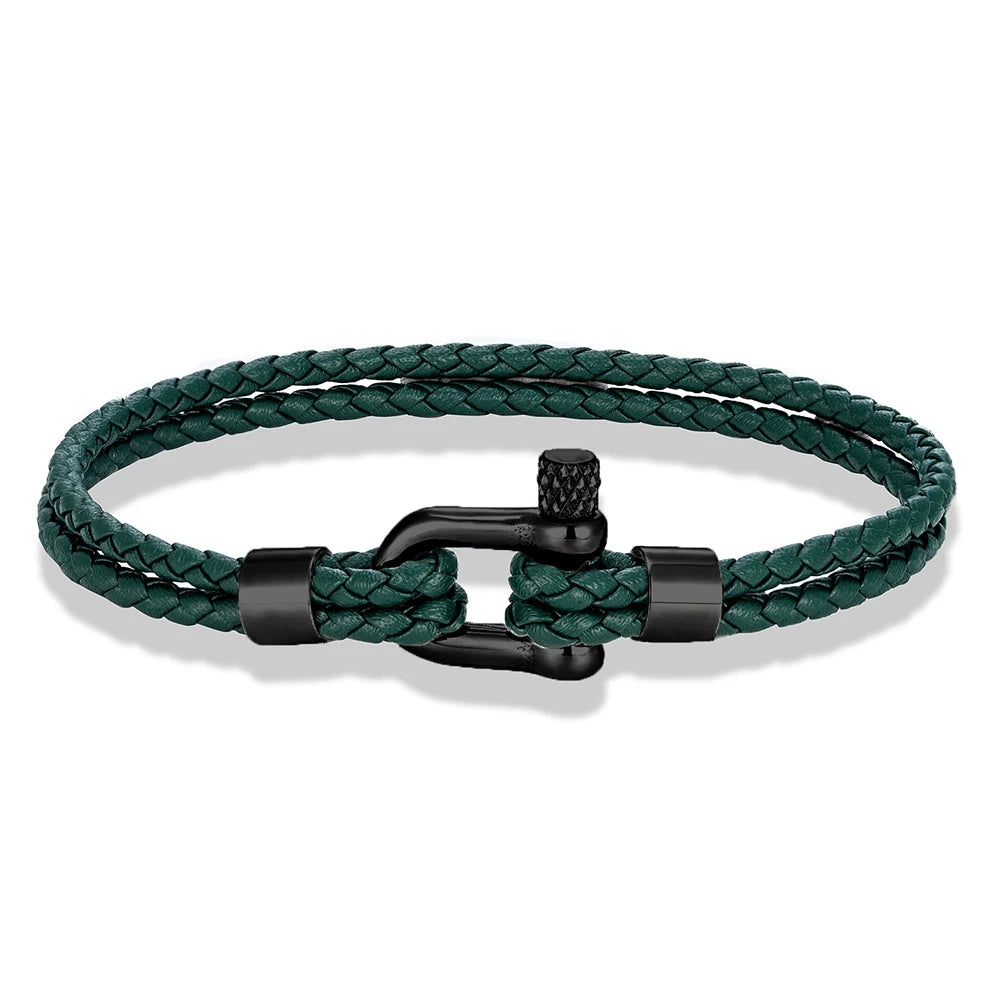 MKENDN Black Stainless Steel Shackle Bracelet Simple Double Layer Blue Leather Bracelets for Men Women Handmade Nautical Jewelry GIORGIO MARENO