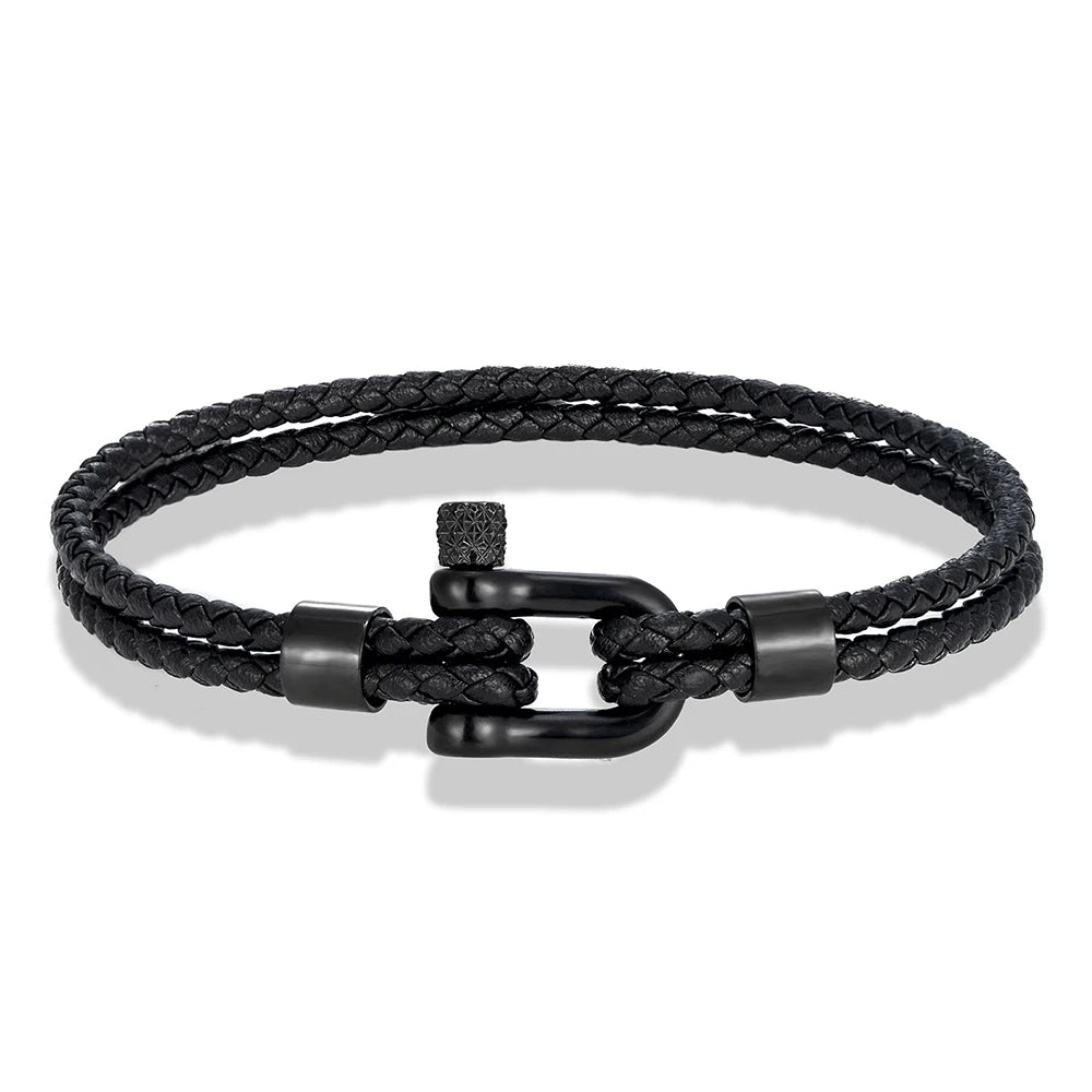 MKENDN Black Stainless Steel Shackle Bracelet Simple Double Layer Blue Leather Bracelets for Men Women Handmade Nautical Jewelry GIORGIO MARENO