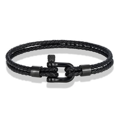 MKENDN Black Stainless Steel Shackle Bracelet Simple Double Layer Blue Leather Bracelets for Men Women Handmade Nautical Jewelry GIORGIO MARENO