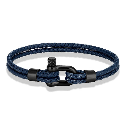 MKENDN Black Stainless Steel Shackle Bracelet Simple Double Layer Blue Leather Bracelets for Men Women Handmade Nautical Jewelry GIORGIO MARENO