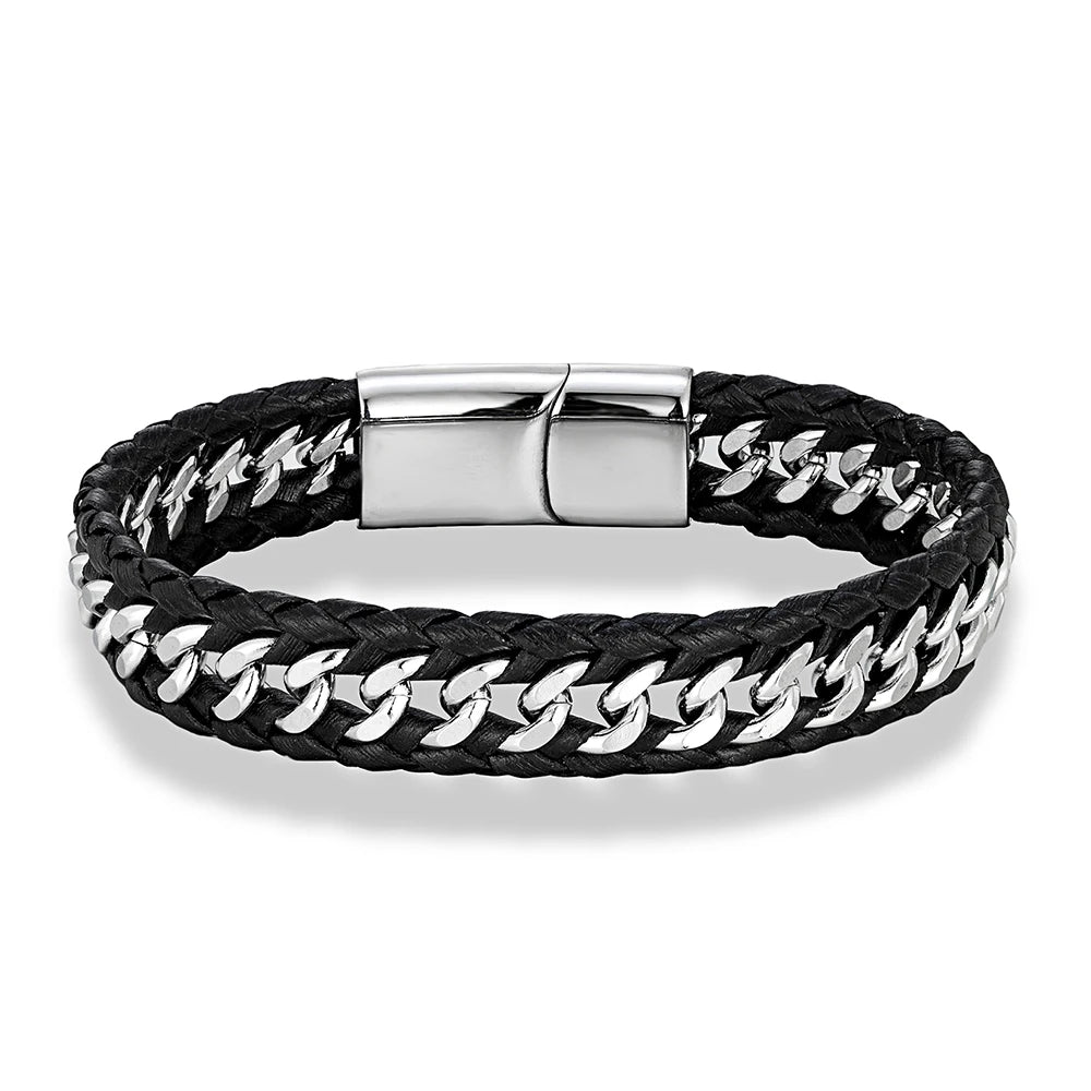 MKENDN Punk Men Braided Woven Black Leather Bracelets Black Stainless Steel Bangle for Friend Charm Fashion Jewelry Gifts GIORGIO MARENO