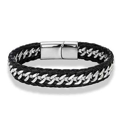 MKENDN Punk Men Braided Woven Black Leather Bracelets Black Stainless Steel Bangle for Friend Charm Fashion Jewelry Gifts GIORGIO MARENO