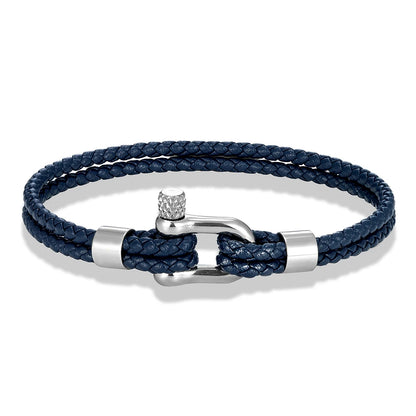 MKENDN Black Stainless Steel Shackle Bracelet Simple Double Layer Blue Leather Bracelets for Men Women Handmade Nautical Jewelry GIORGIO MARENO