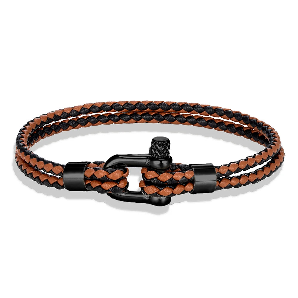 MKENDN Black Stainless Steel Shackle Bracelet Simple Double Layer Blue Leather Bracelets for Men Women Handmade Nautical Jewelry GIORGIO MARENO