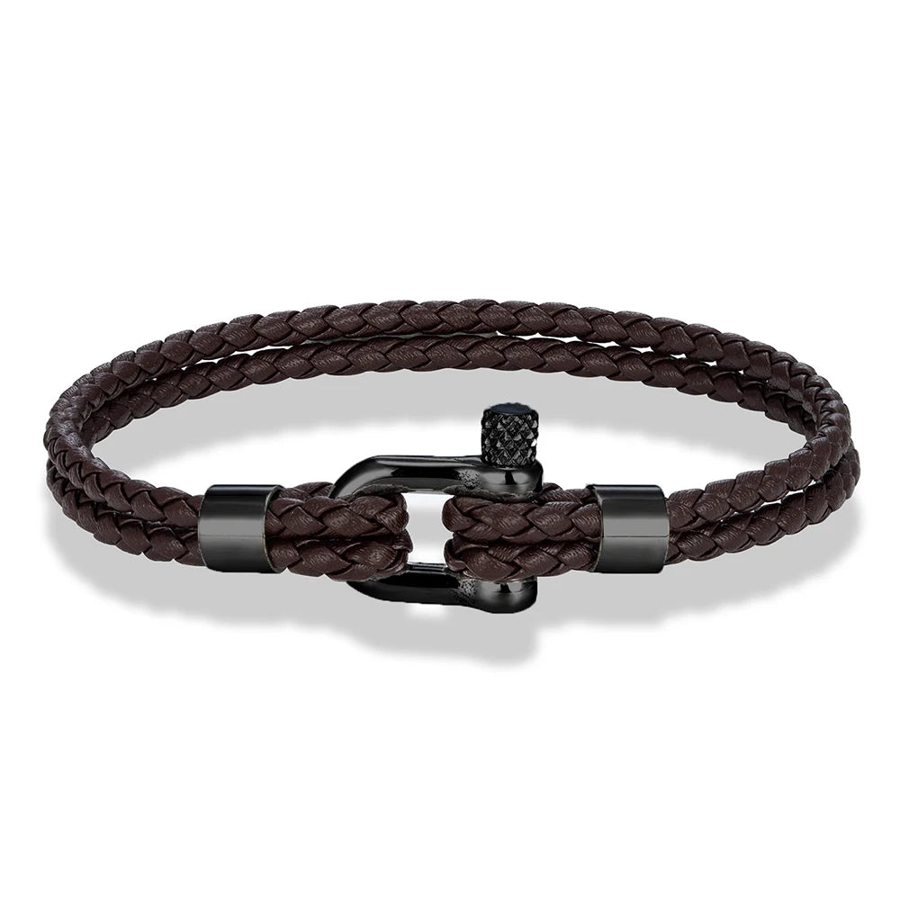MKENDN Black Stainless Steel Shackle Bracelet Simple Double Layer Blue Leather Bracelets for Men Women Handmade Nautical Jewelry GIORGIO MARENO